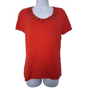 Vintage Evan Picone Short Sleeve Sweater‎ Wooden Beaded Neckline Size Large